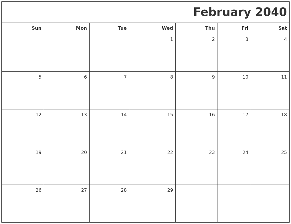 February 2040 Printable Blank Calendar