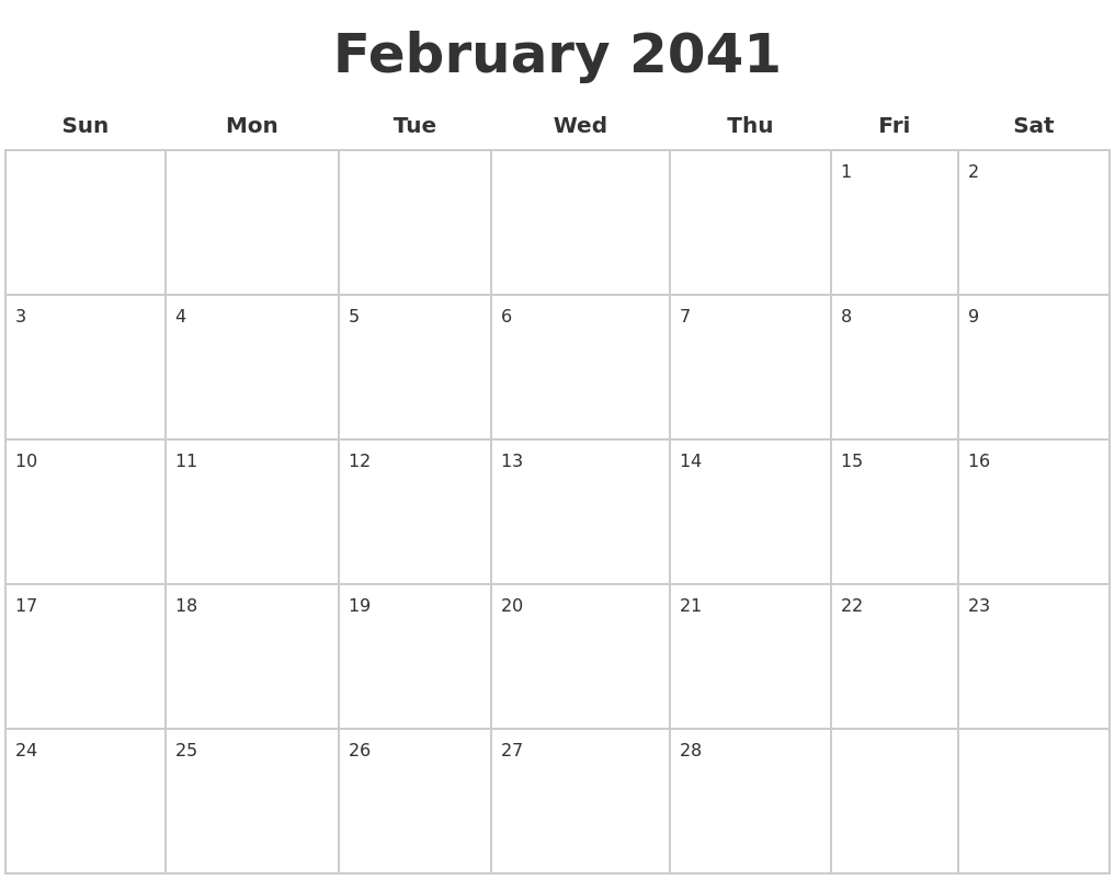 February 2041 Blank Calendar Pages