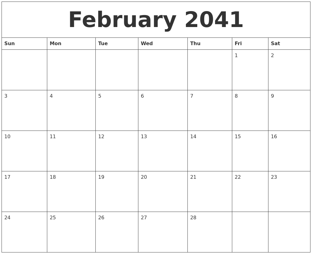 February 2041 Blank Calendar Printable