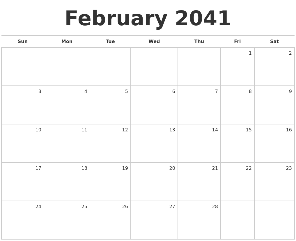 February 2041 Blank Monthly Calendar