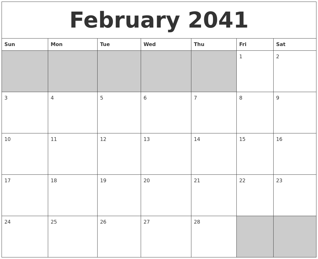 February 2041 Blank Printable Calendar