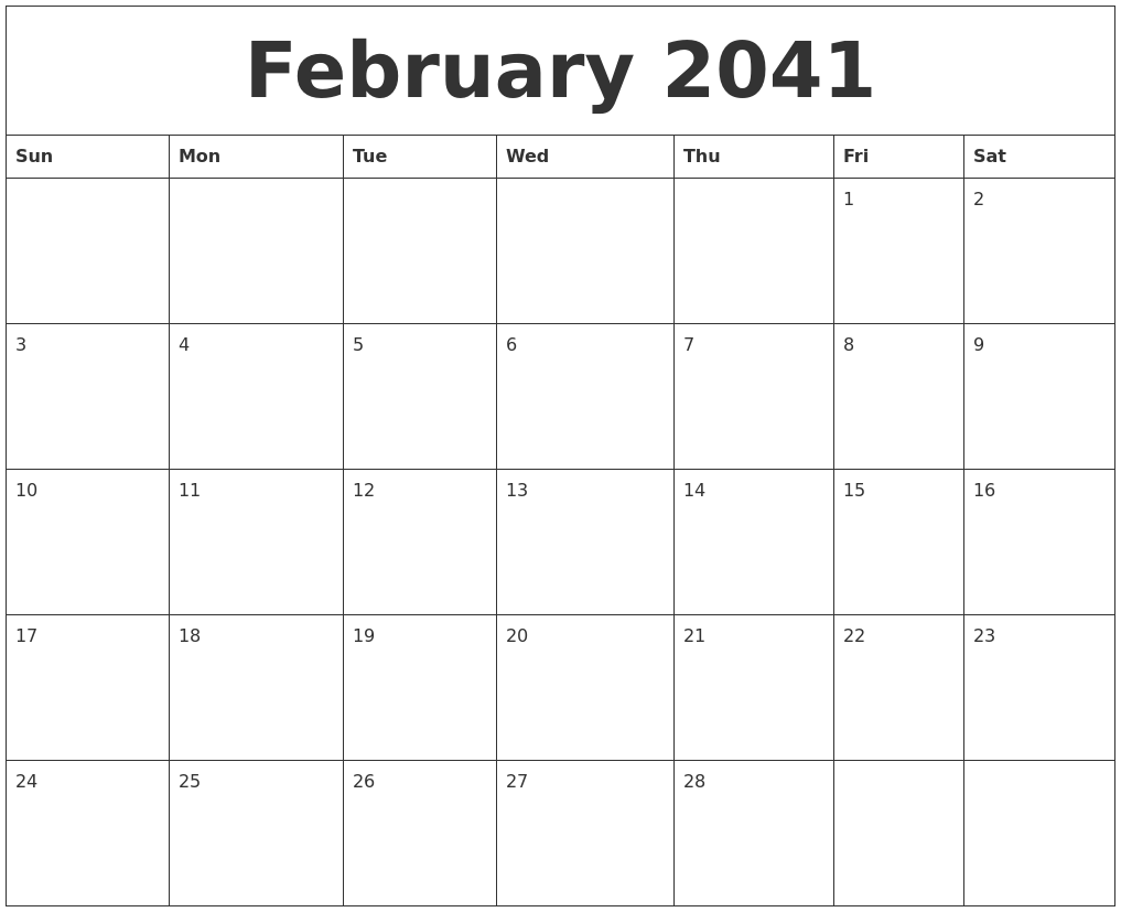 February 2041 Calendar Free Printable