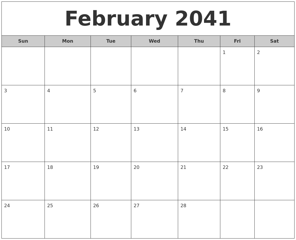 February 2041 Free Monthly Calendar
