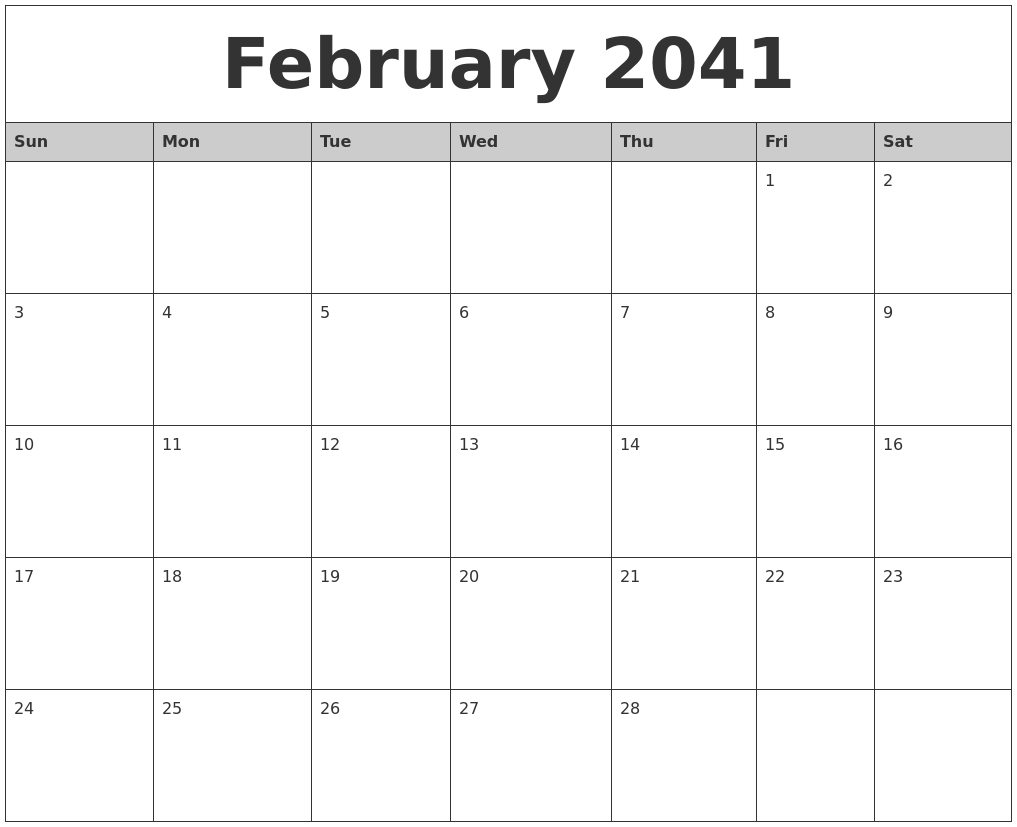 February 2041 Monthly Calendar Printable