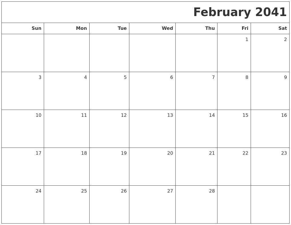 February 2041 Printable Blank Calendar