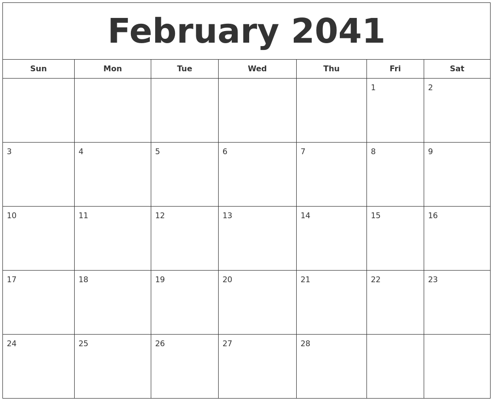 February 2041 Printable Calendar