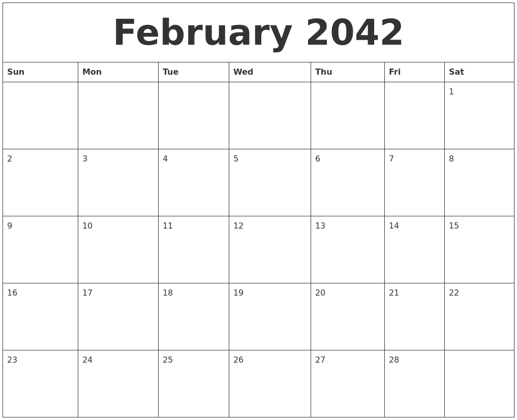 February 2042 Blank Calendar Printable