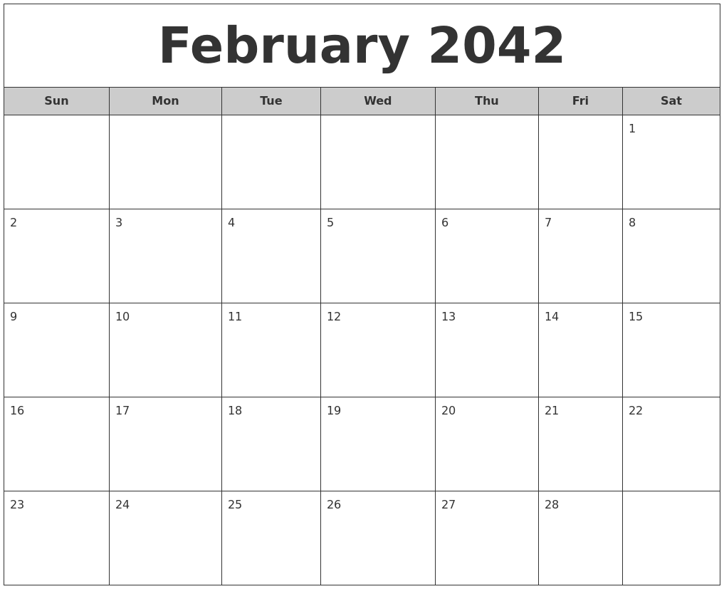 February 2042 Free Monthly Calendar