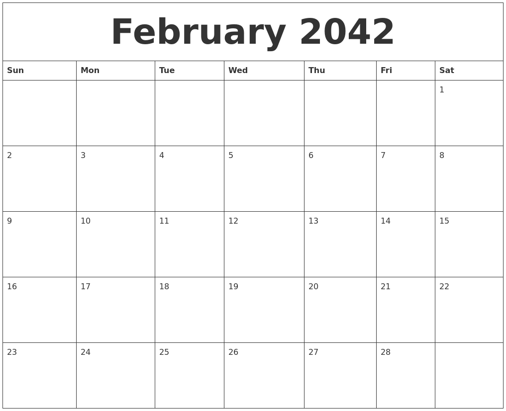 February 2042 Free Monthly Printable Calendar
