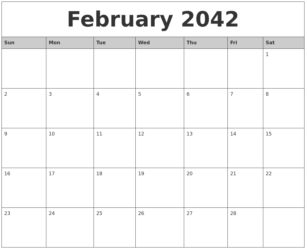 February 2042 Monthly Calendar Printable
