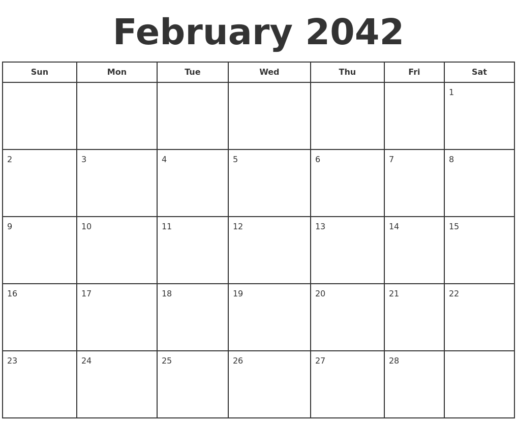 February 2042 Print A Calendar