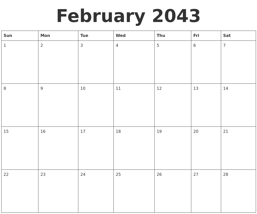 February 2043 Blank Calendar Template