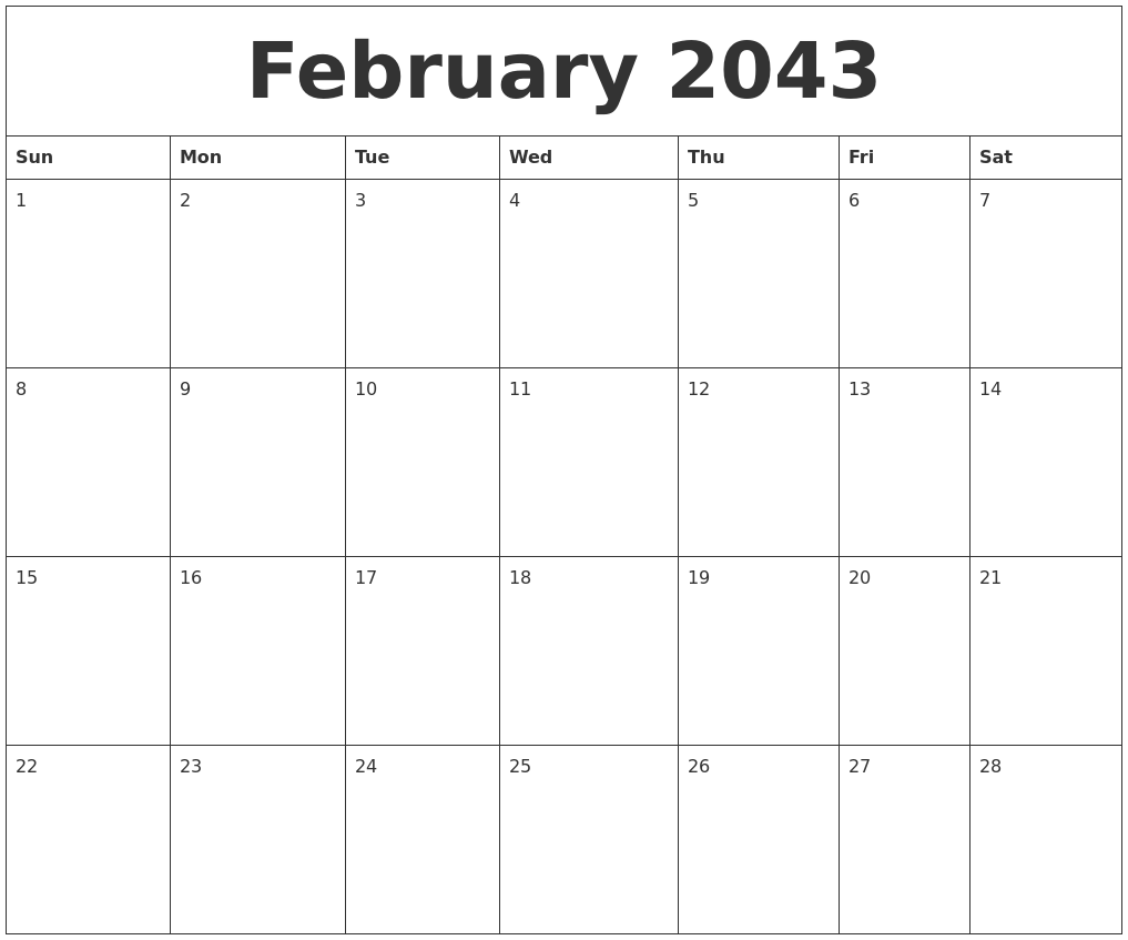February 2043 Calendar Printable Free