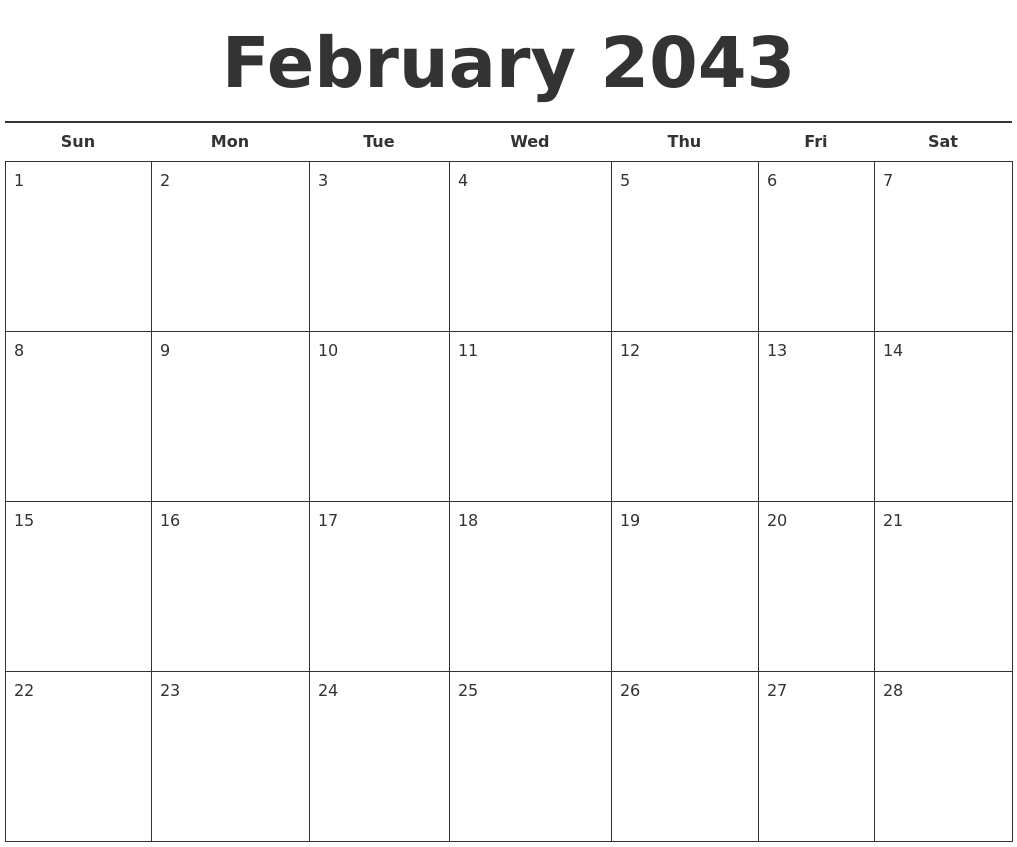 February 2043 Free Calendar Template