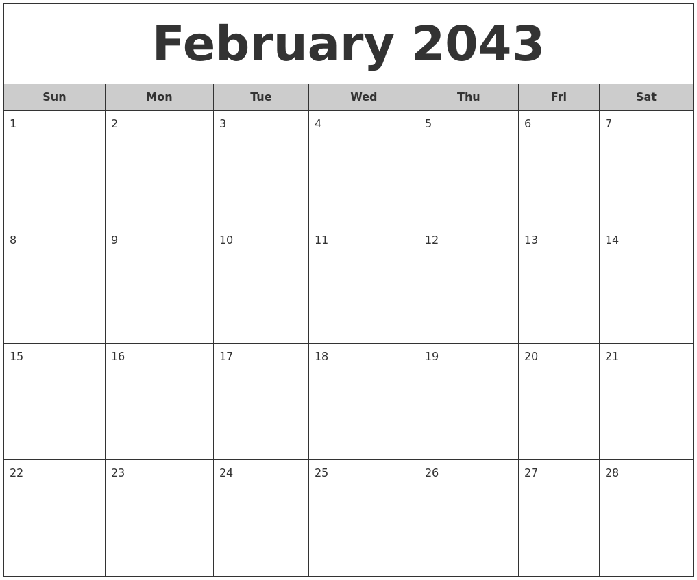 February 2043 Free Monthly Calendar