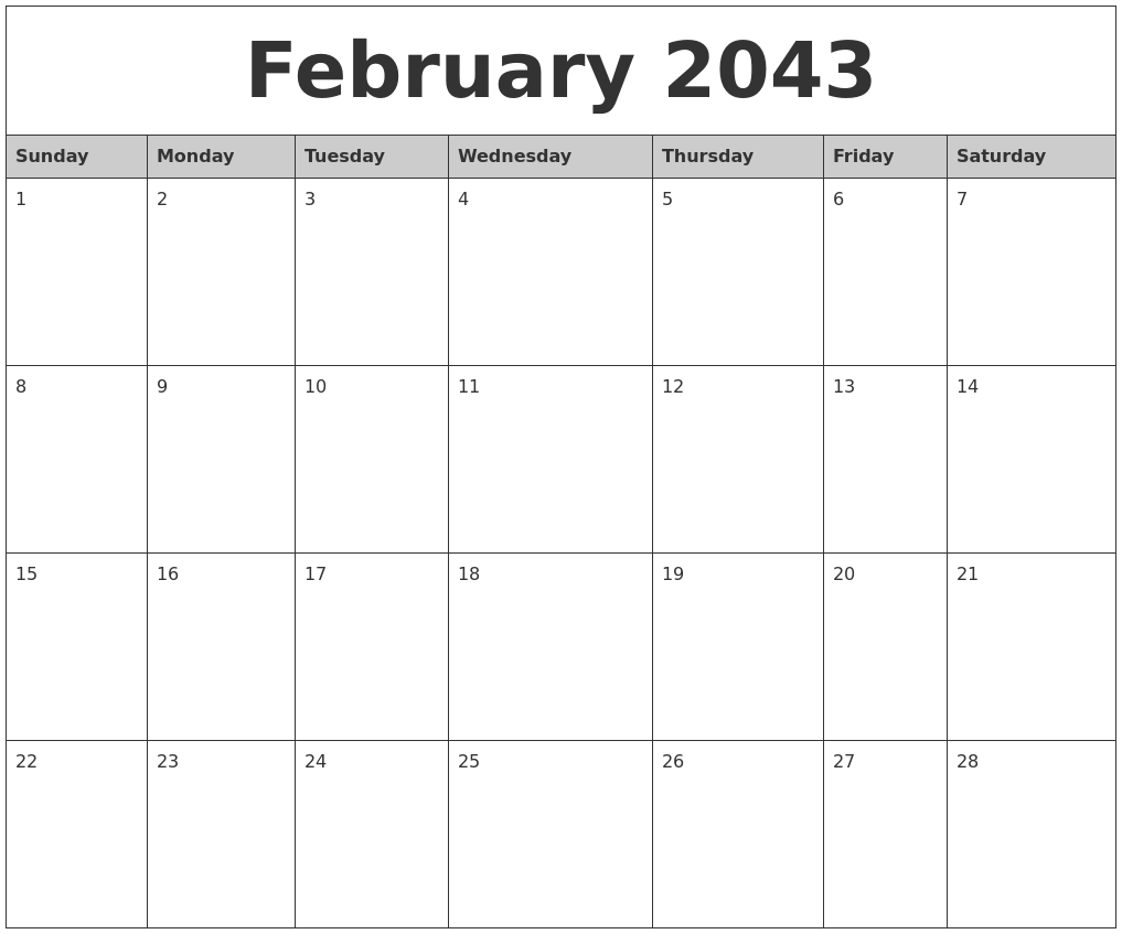 February 2043 Monthly Calendar Printable