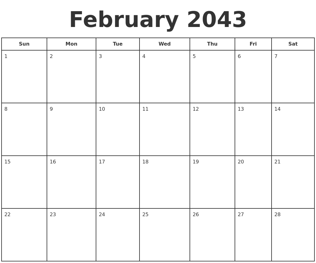 February 2043 Print A Calendar