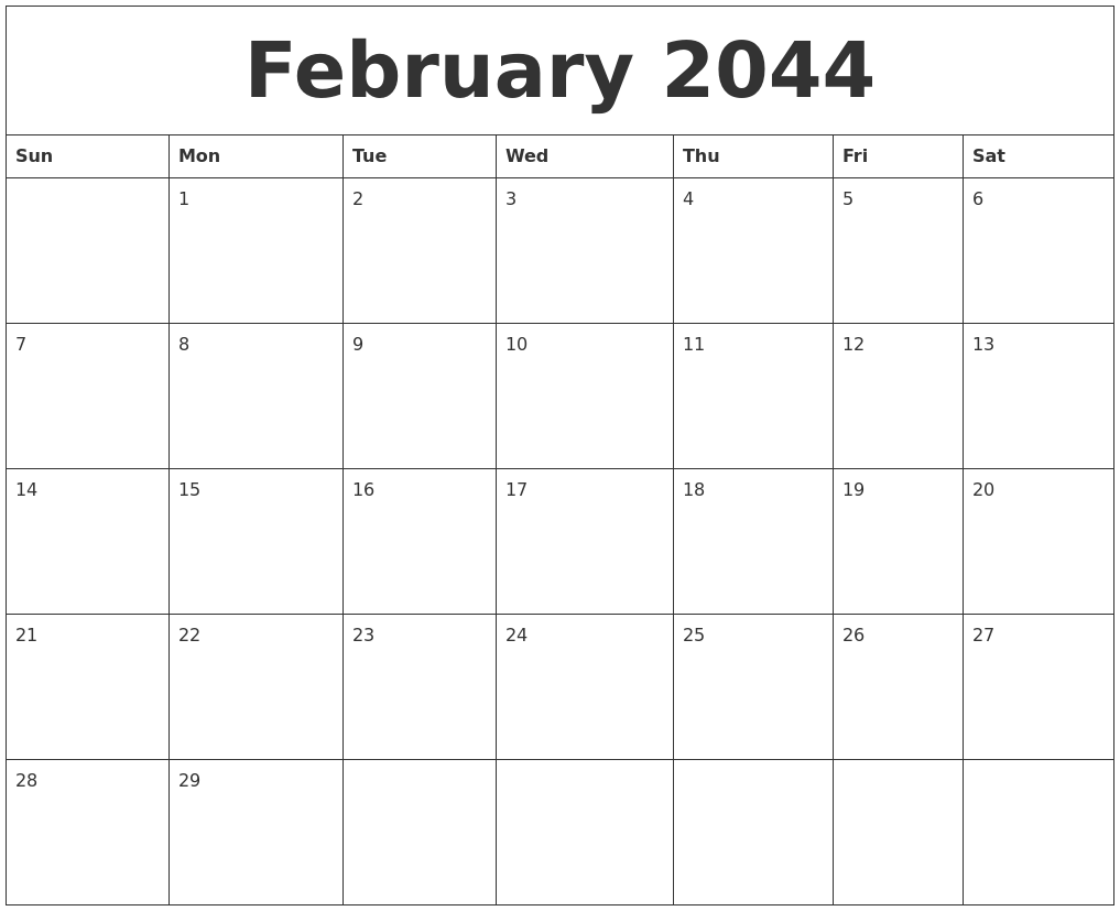 February 2044 Birthday Calendar Template