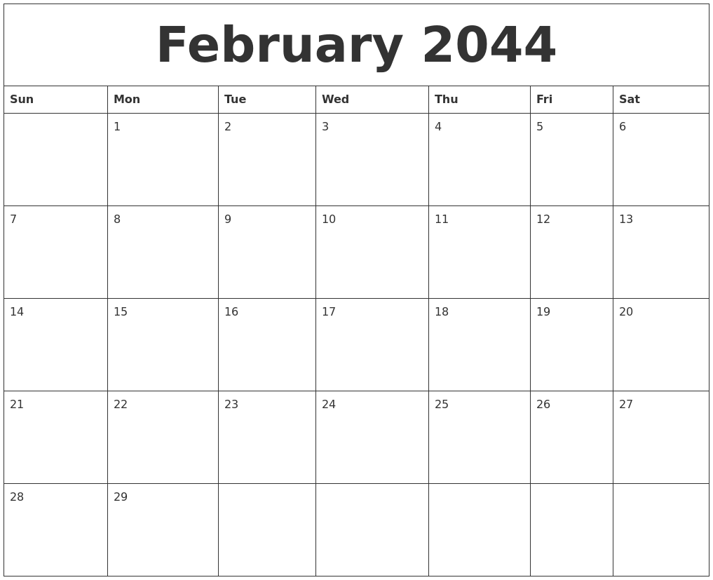 February 2044 Blank Monthly Calendar Template