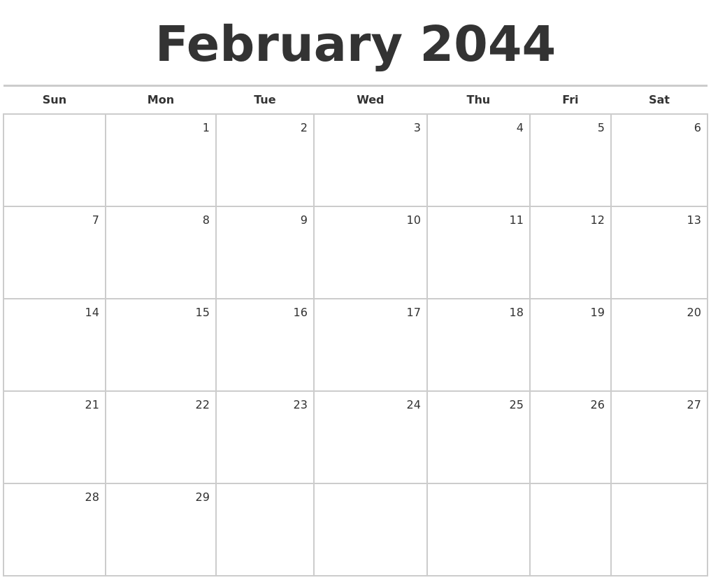 February 2044 Blank Monthly Calendar