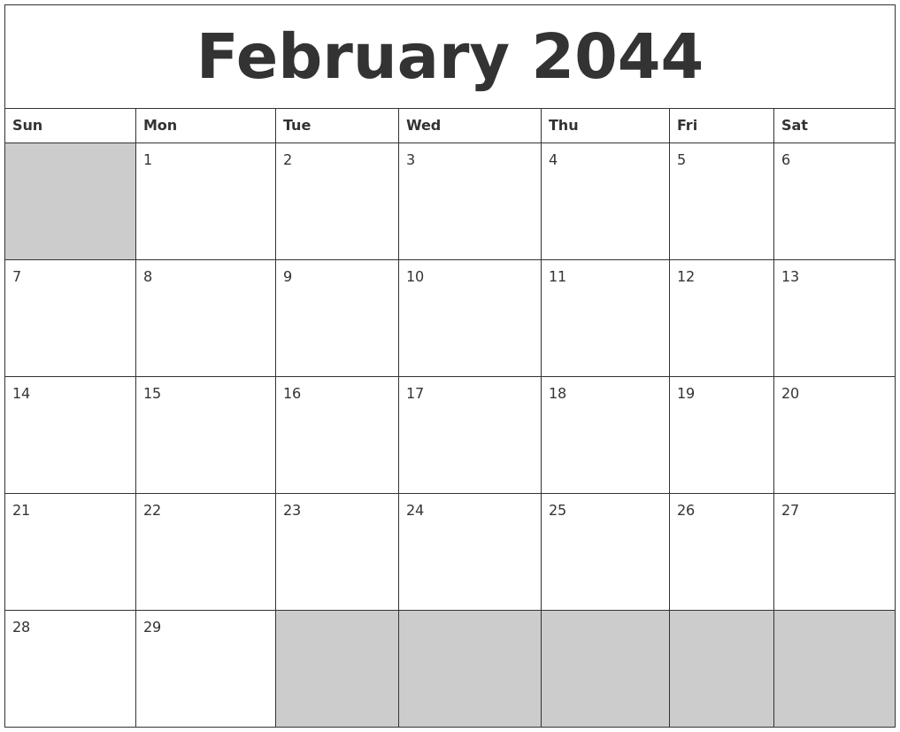 February 2044 Blank Printable Calendar