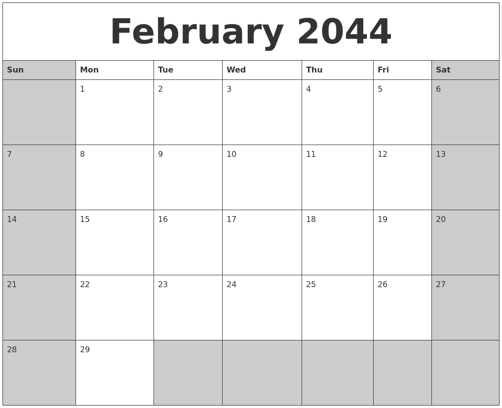 February 2044 Calanders