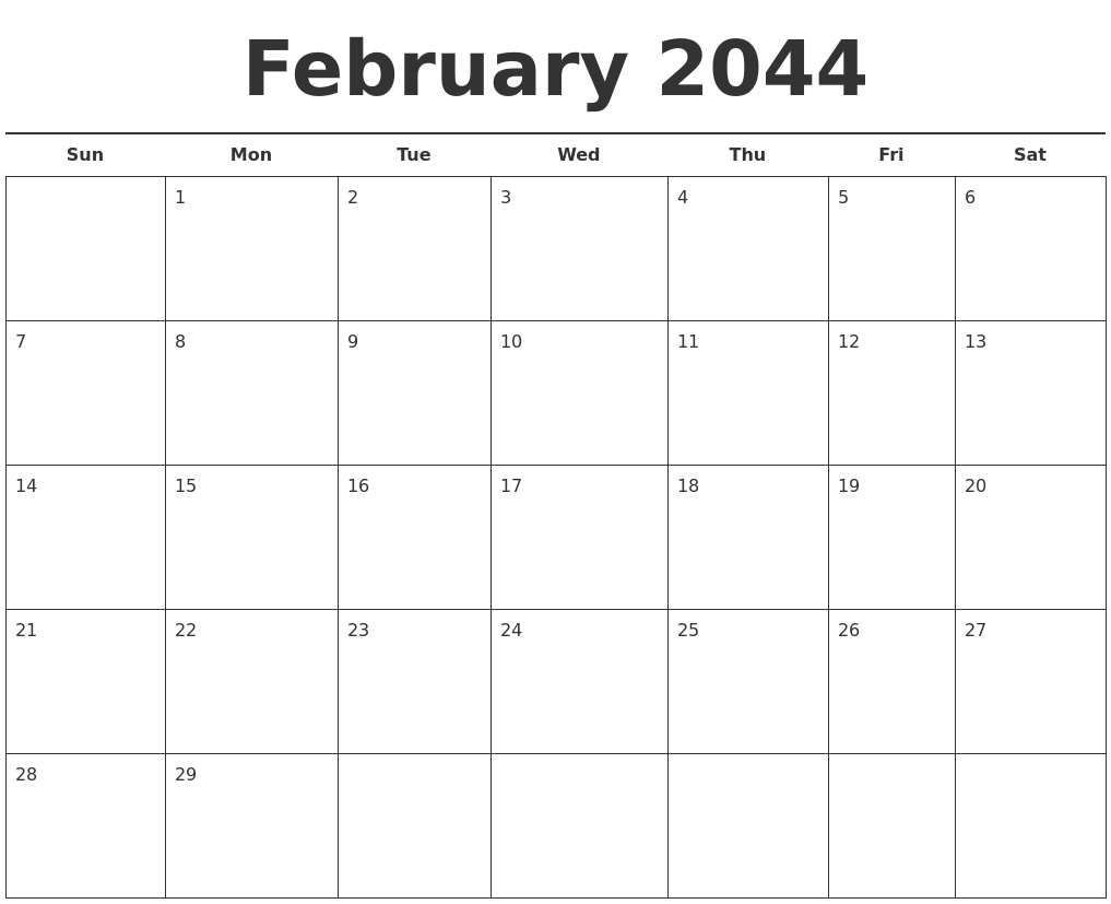February 2044 Free Calendar Template