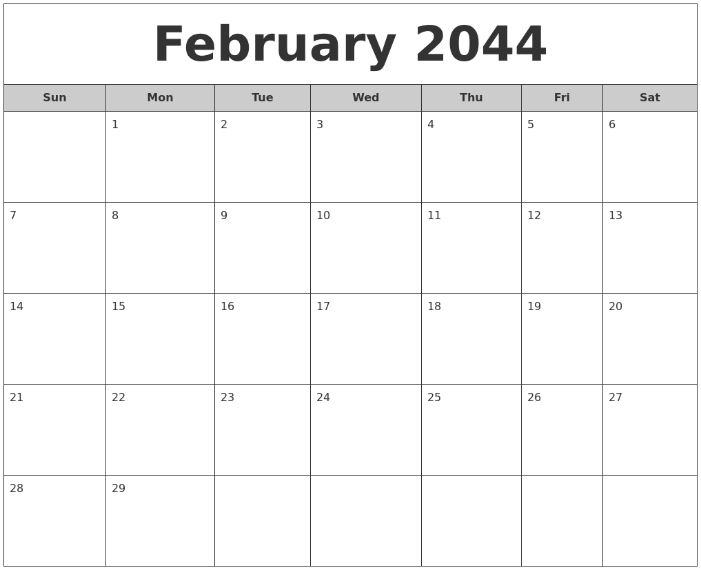 February 2044 Free Monthly Calendar