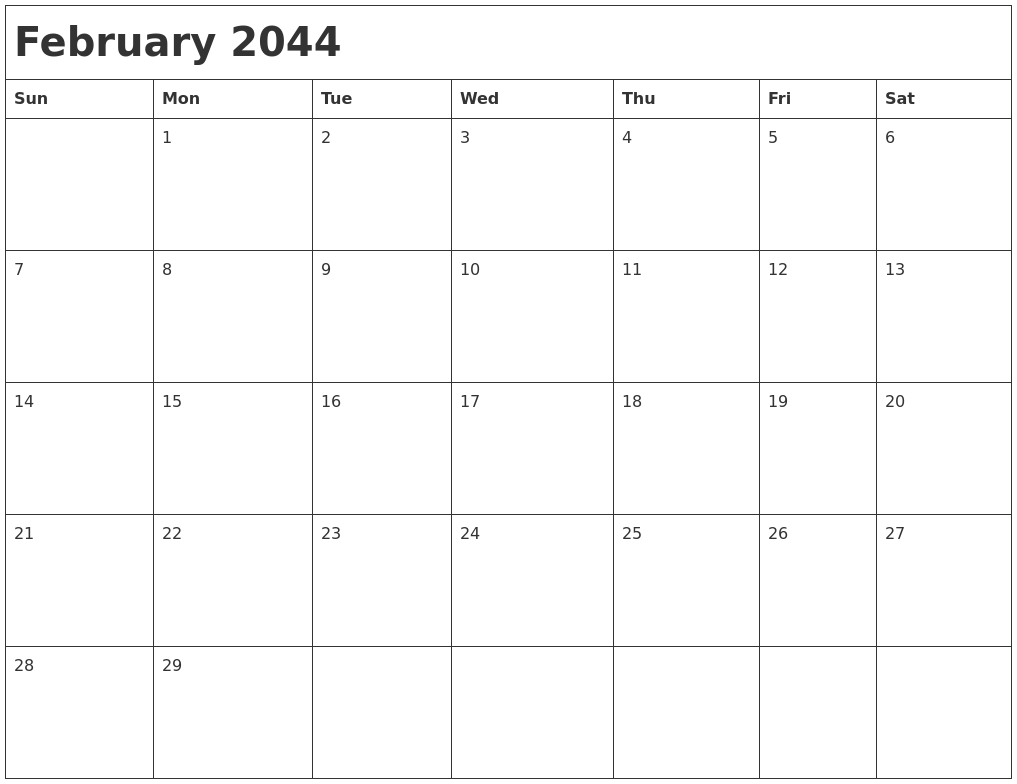February 2044 Month Calendar