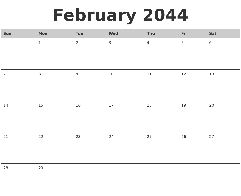 February 2044 Monthly Calendar Printable