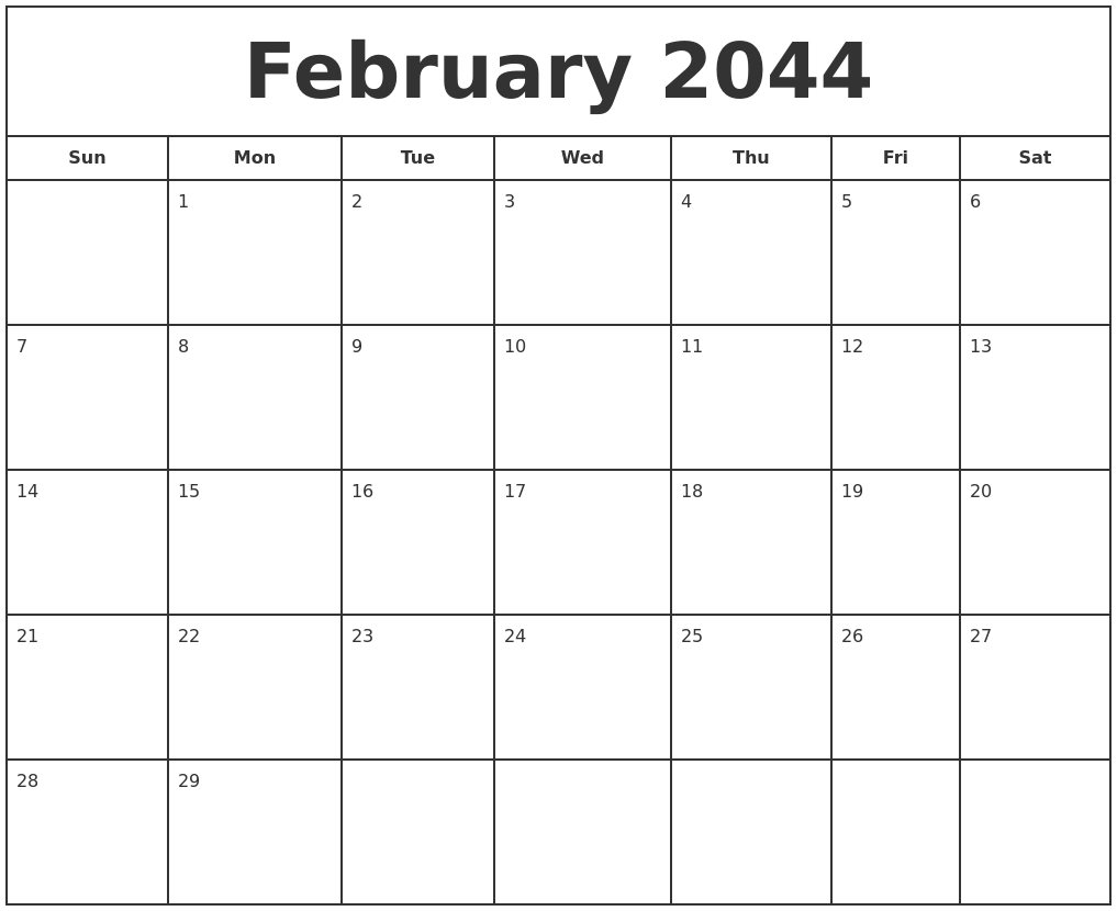 February 2044 Print Free Calendar