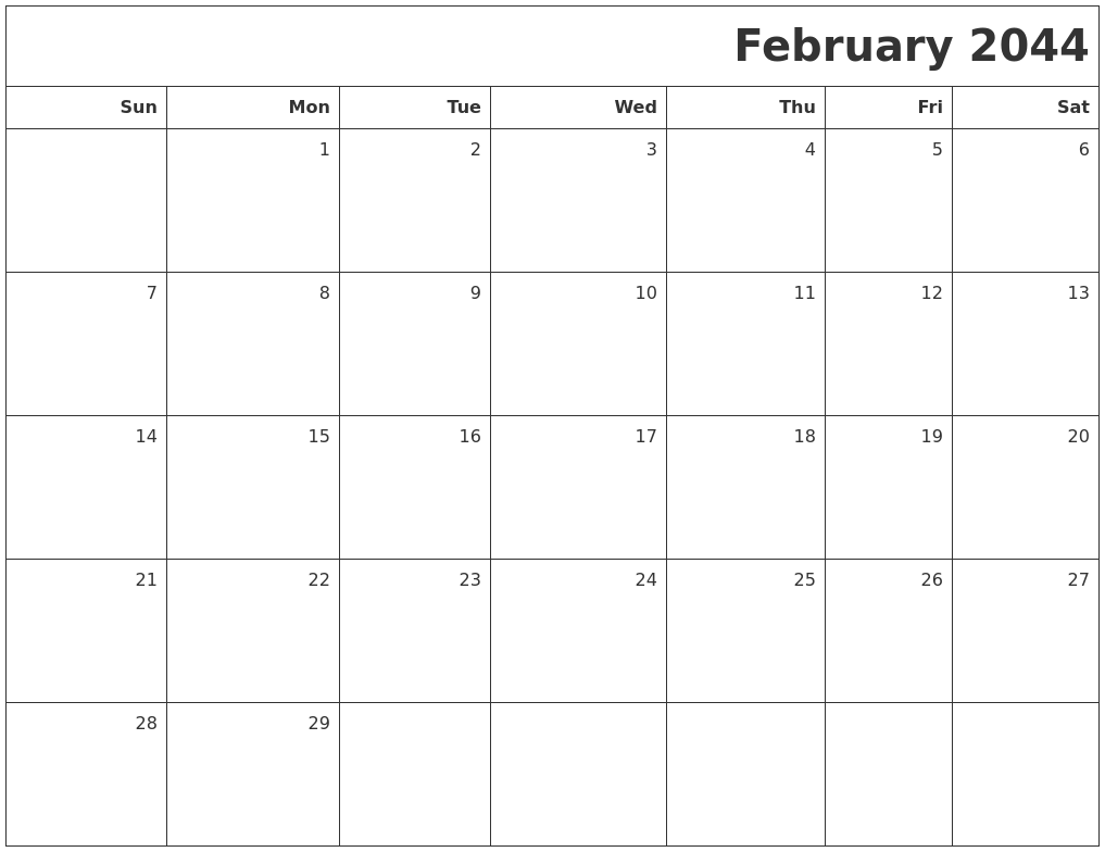 February 2044 Printable Blank Calendar
