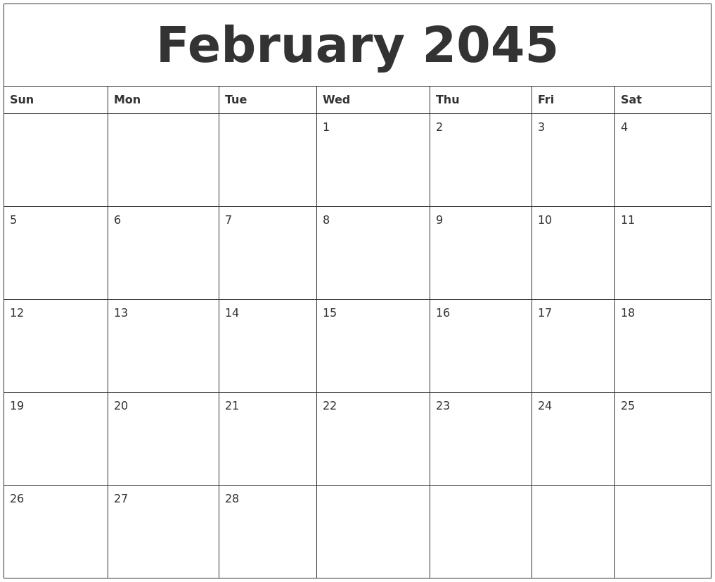 February 2045 Blank Calendar To Print