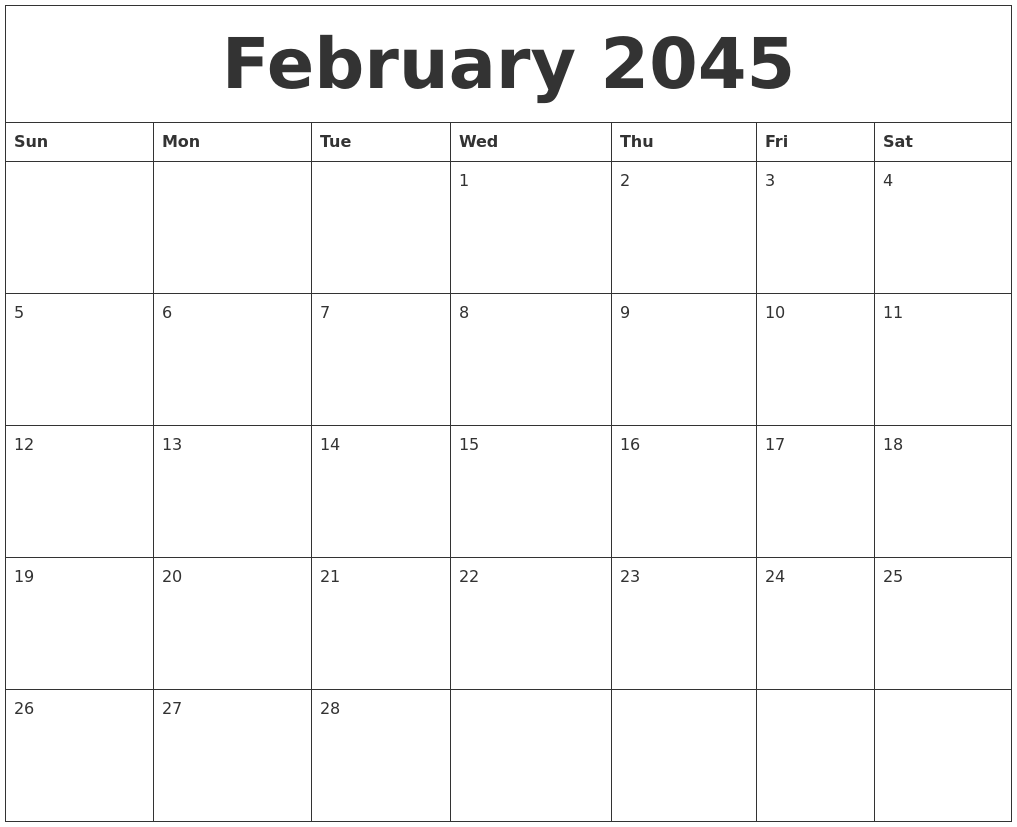 February 2045 Blank Monthly Calendar Template