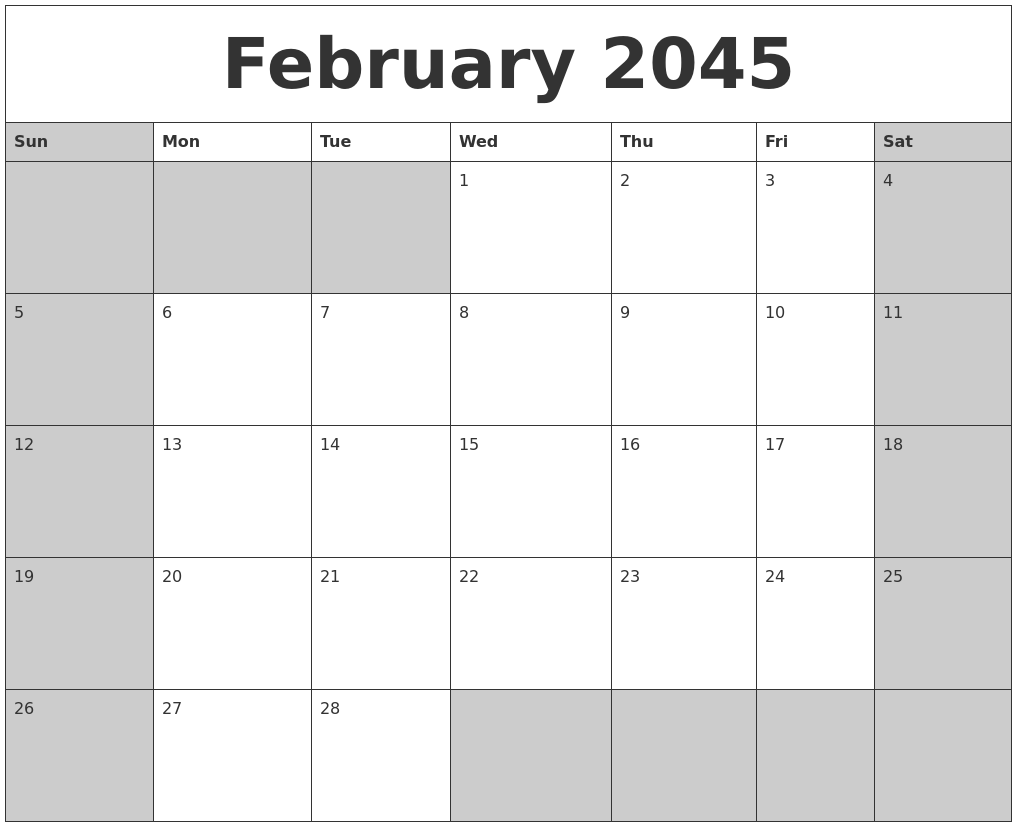 February 2045 Calanders