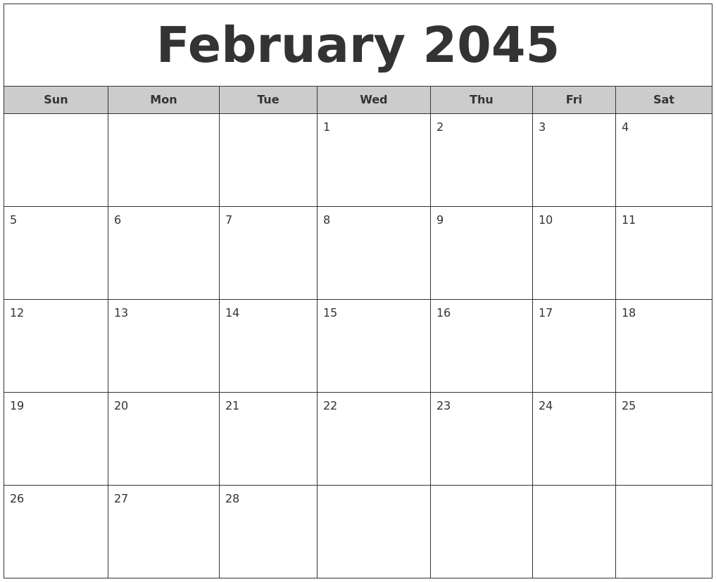 February 2045 Free Monthly Calendar