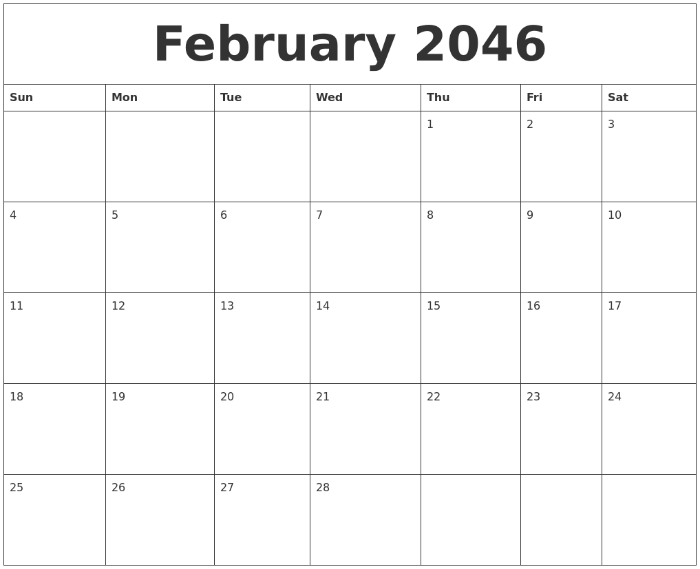 February 2046 Blank Monthly Calendar Template