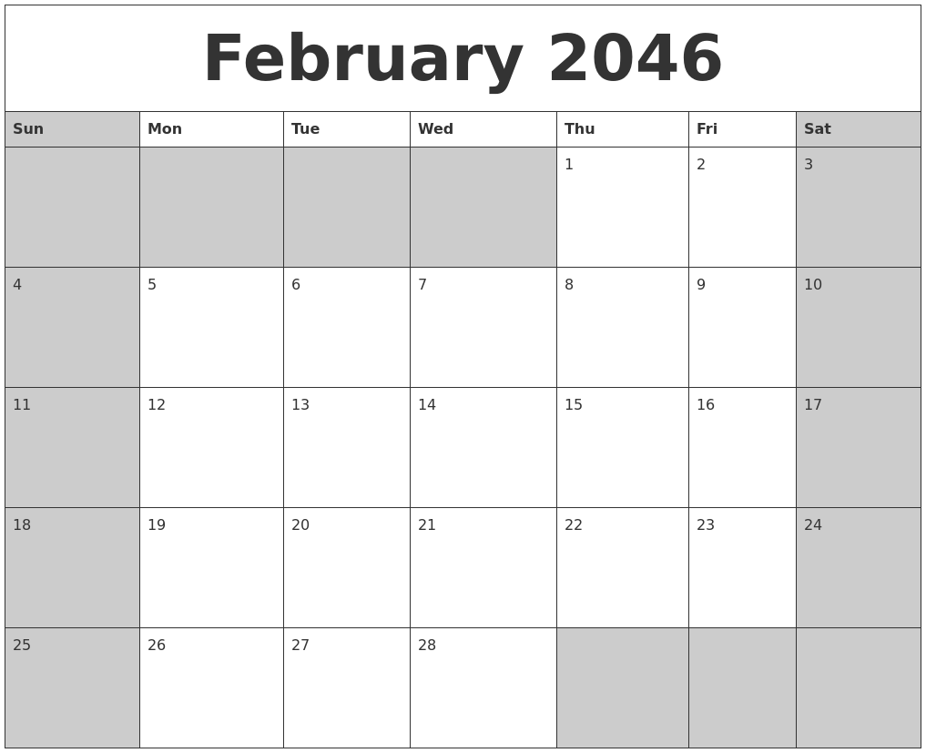 February 2046 Calanders