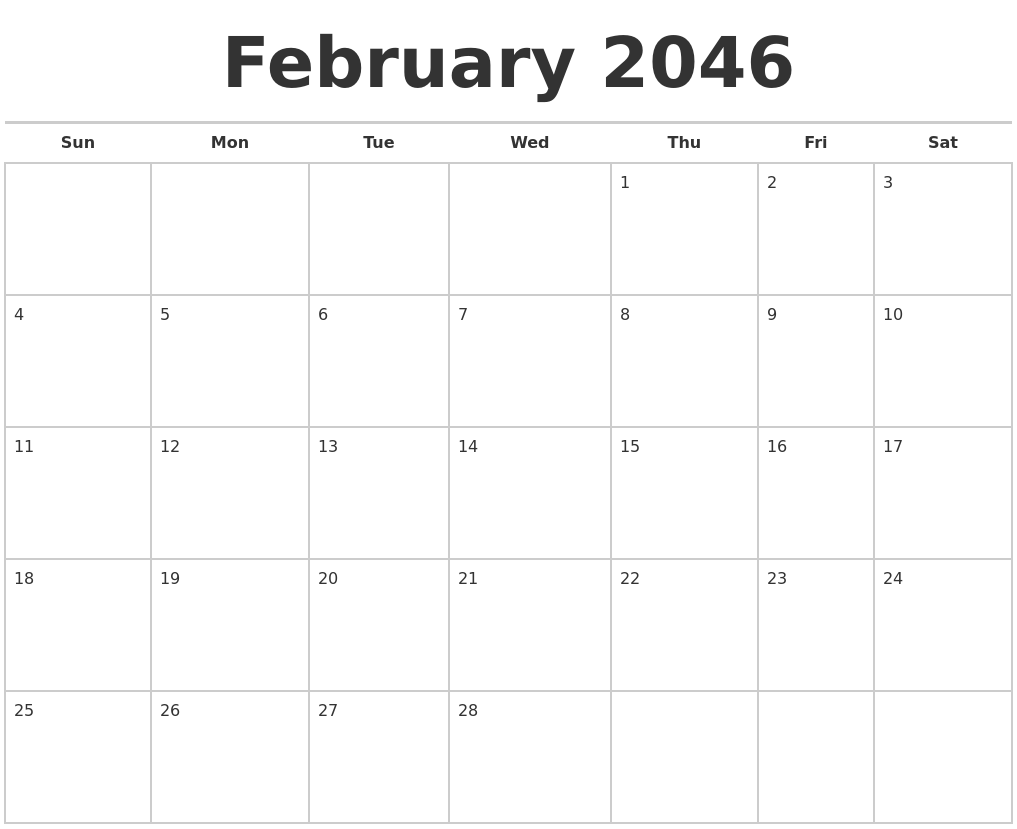 February 2046 Calendars Free