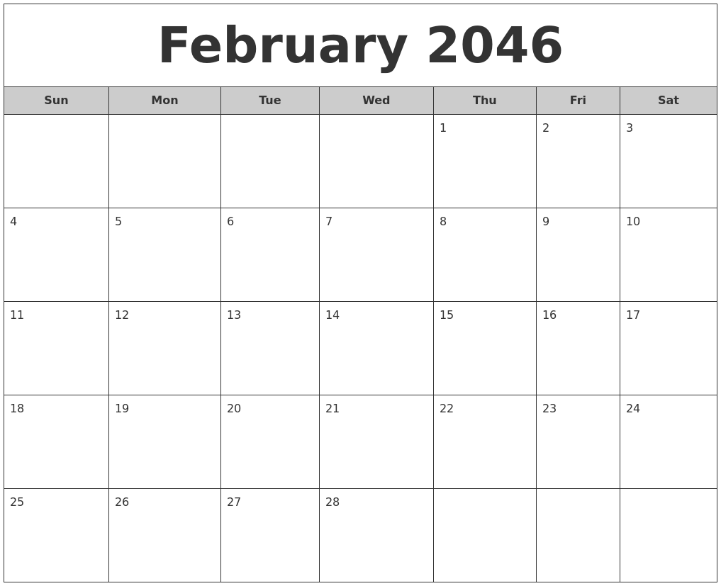 February 2046 Free Monthly Calendar