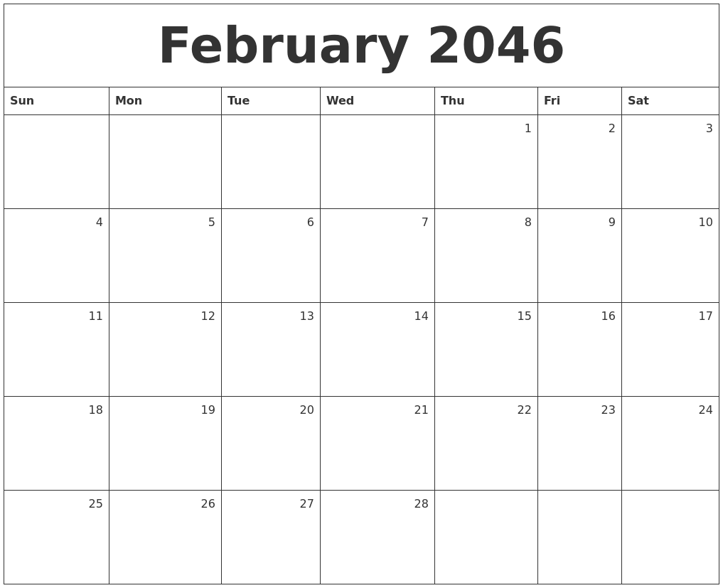 February 2046 Monthly Calendar