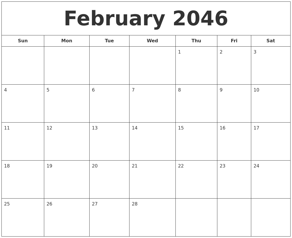 February 2046 Printable Calendar