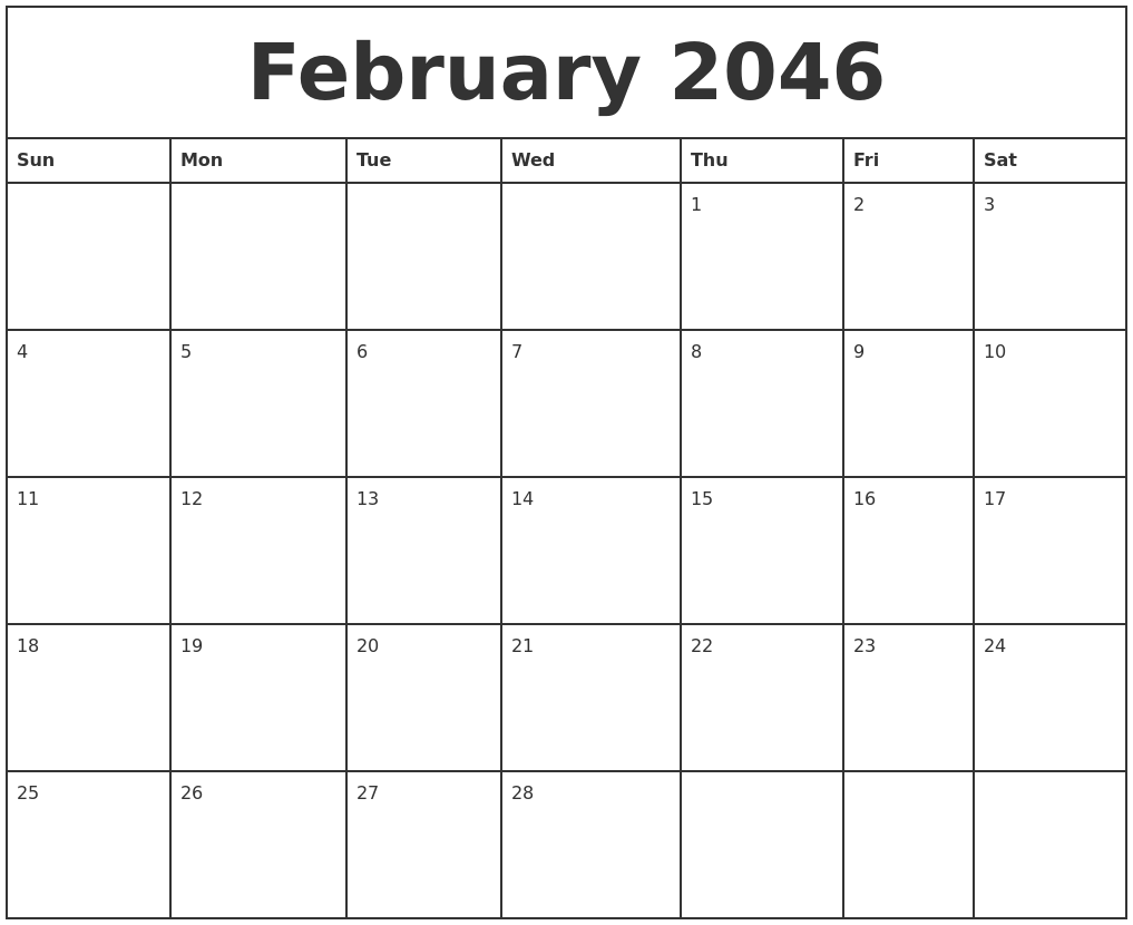 February 2046 Printable Monthly Calendar
