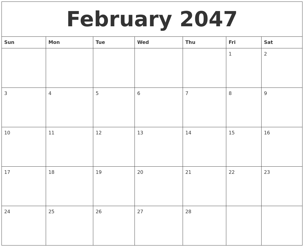 February 2047 Blank Calendar To Print