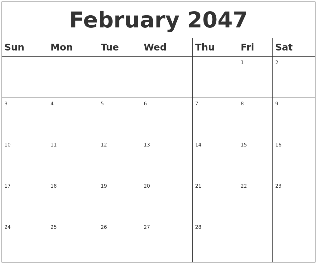 February 2047 Blank Calendar