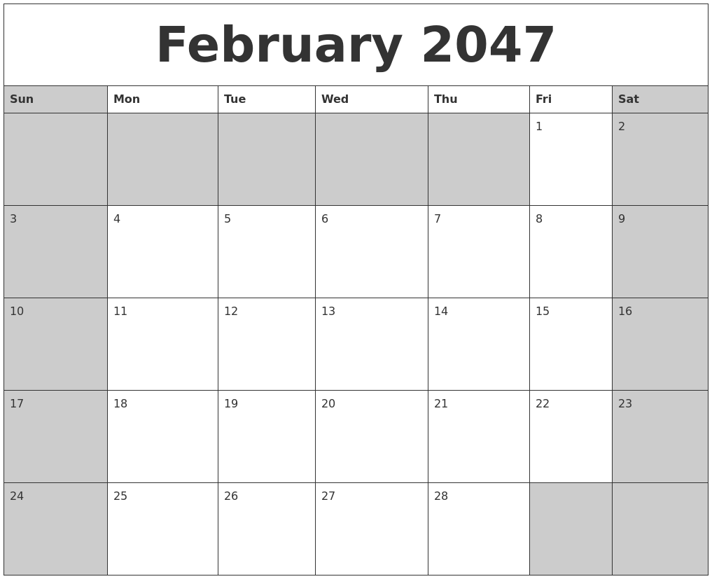 February 2047 Calanders