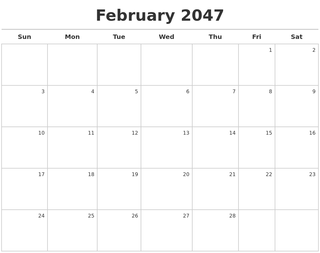 February 2047 Calendar Maker