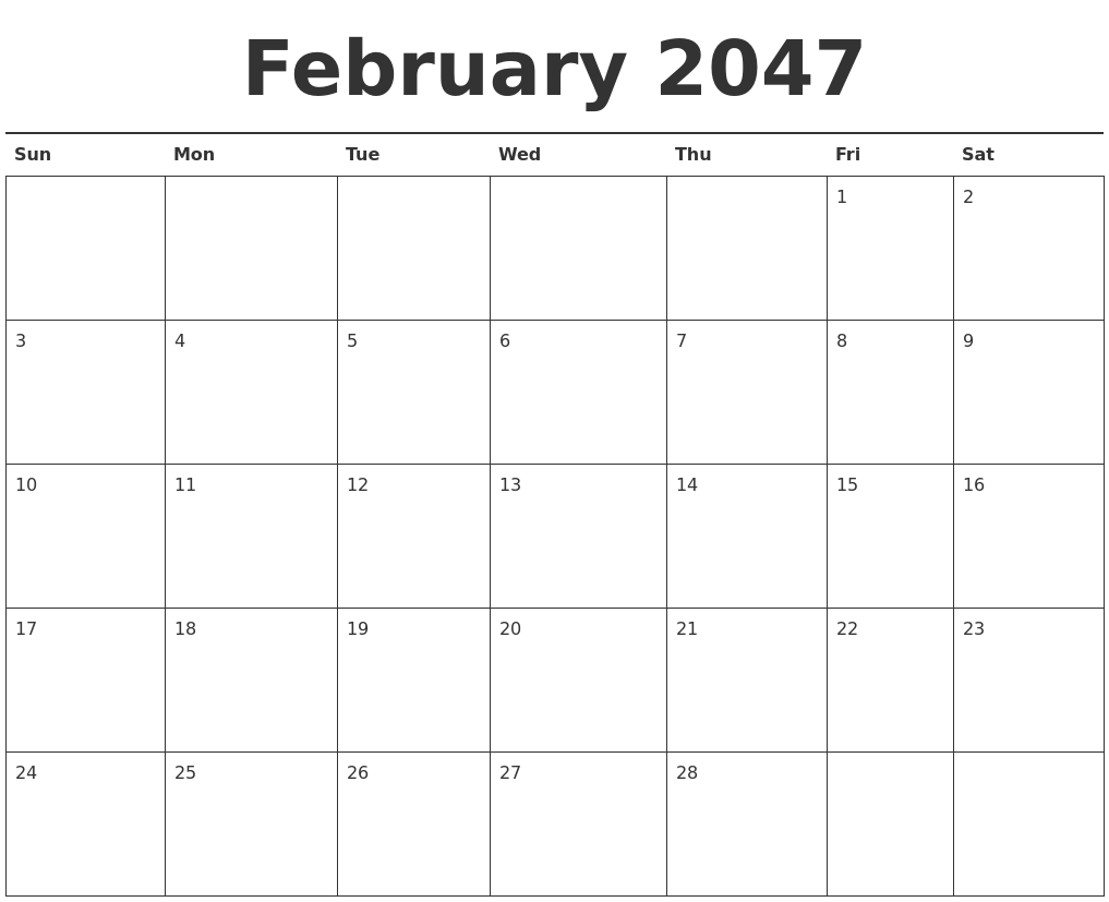 February 2047 Calendar Printable