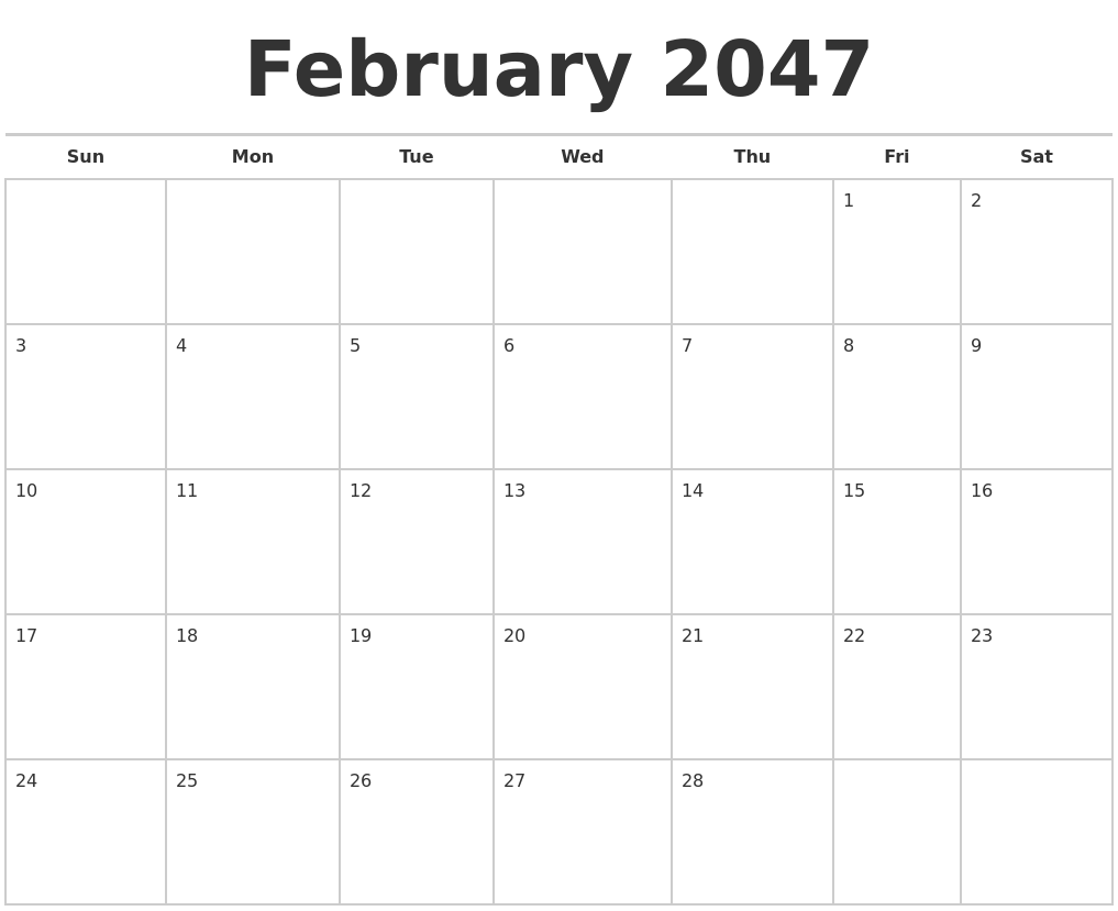 February 2047 Calendars Free