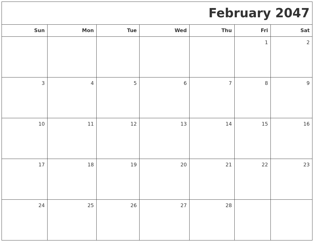 February 2047 Printable Blank Calendar